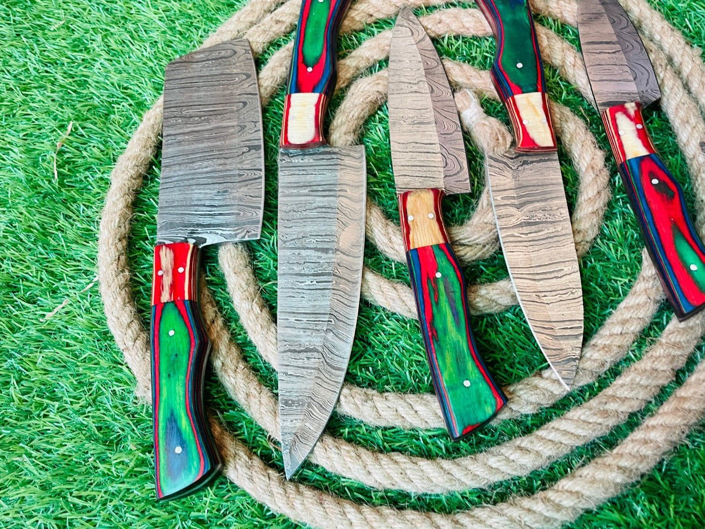 Custom Handmade Damascus Steel 5-Piece Chef Knife Set with Leather Bag