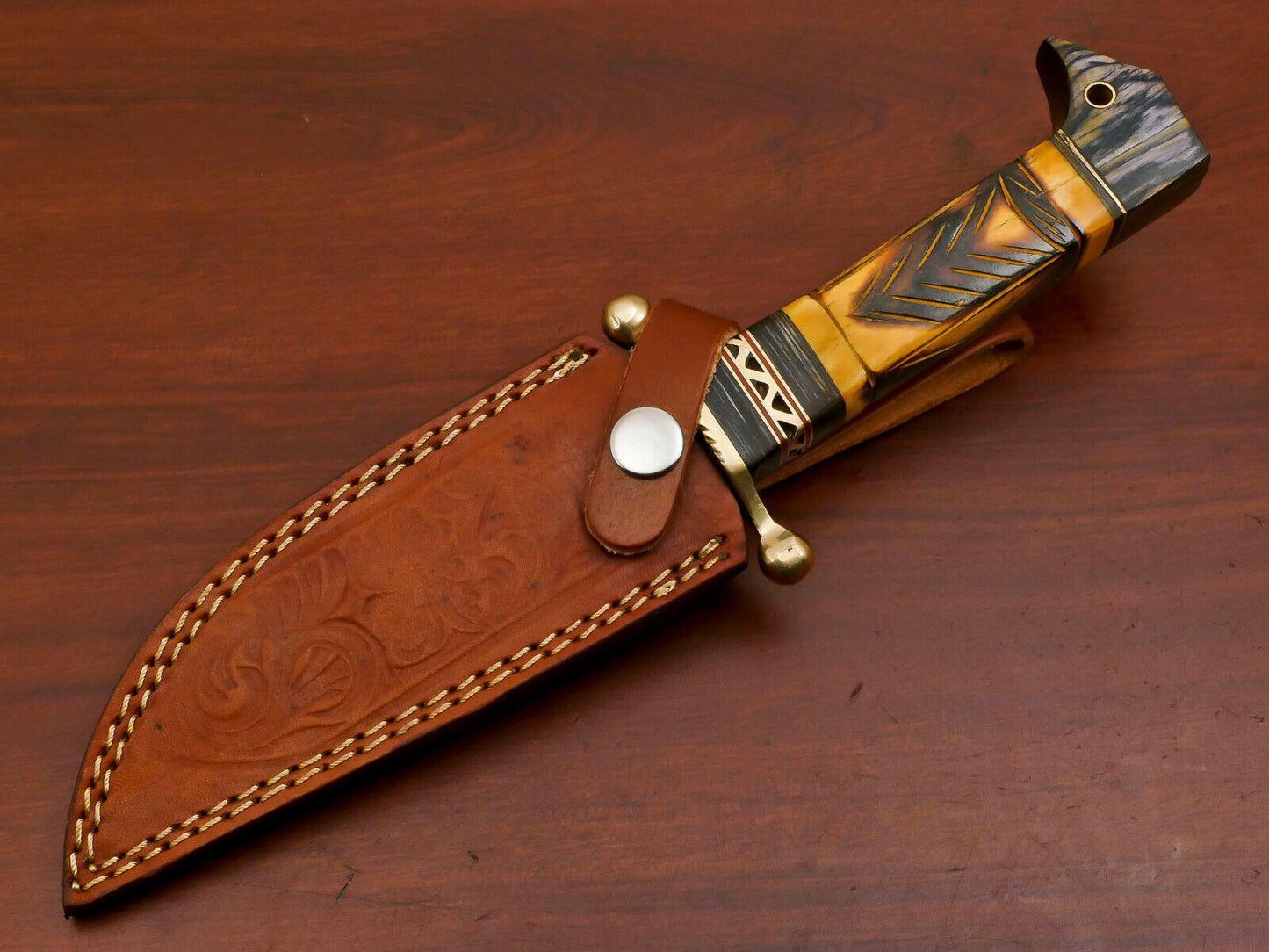 10.5 Inch Damascus Hunting Knife with Camel Bone and Pakka Wood Handle