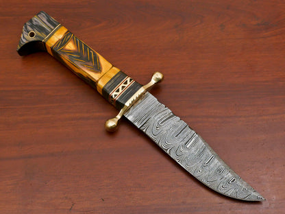10.5 Inch Damascus Hunting Knife with Camel Bone and Pakka Wood Handle