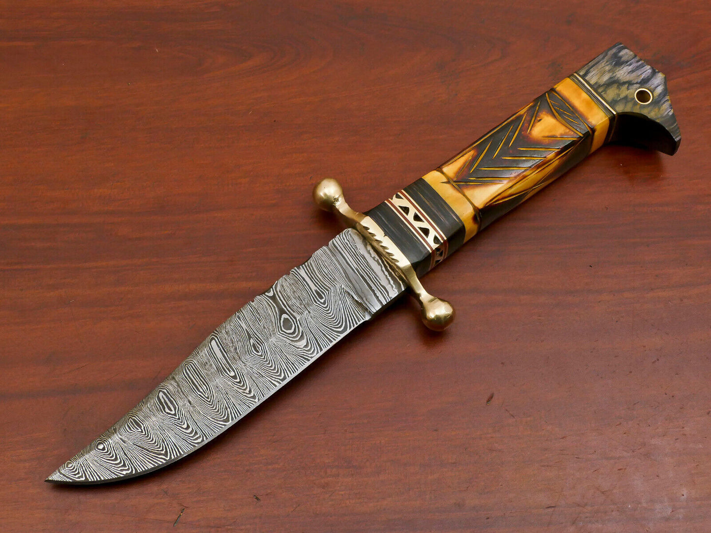 10.5 Inch Damascus Hunting Knife with Camel Bone and Pakka Wood Handle