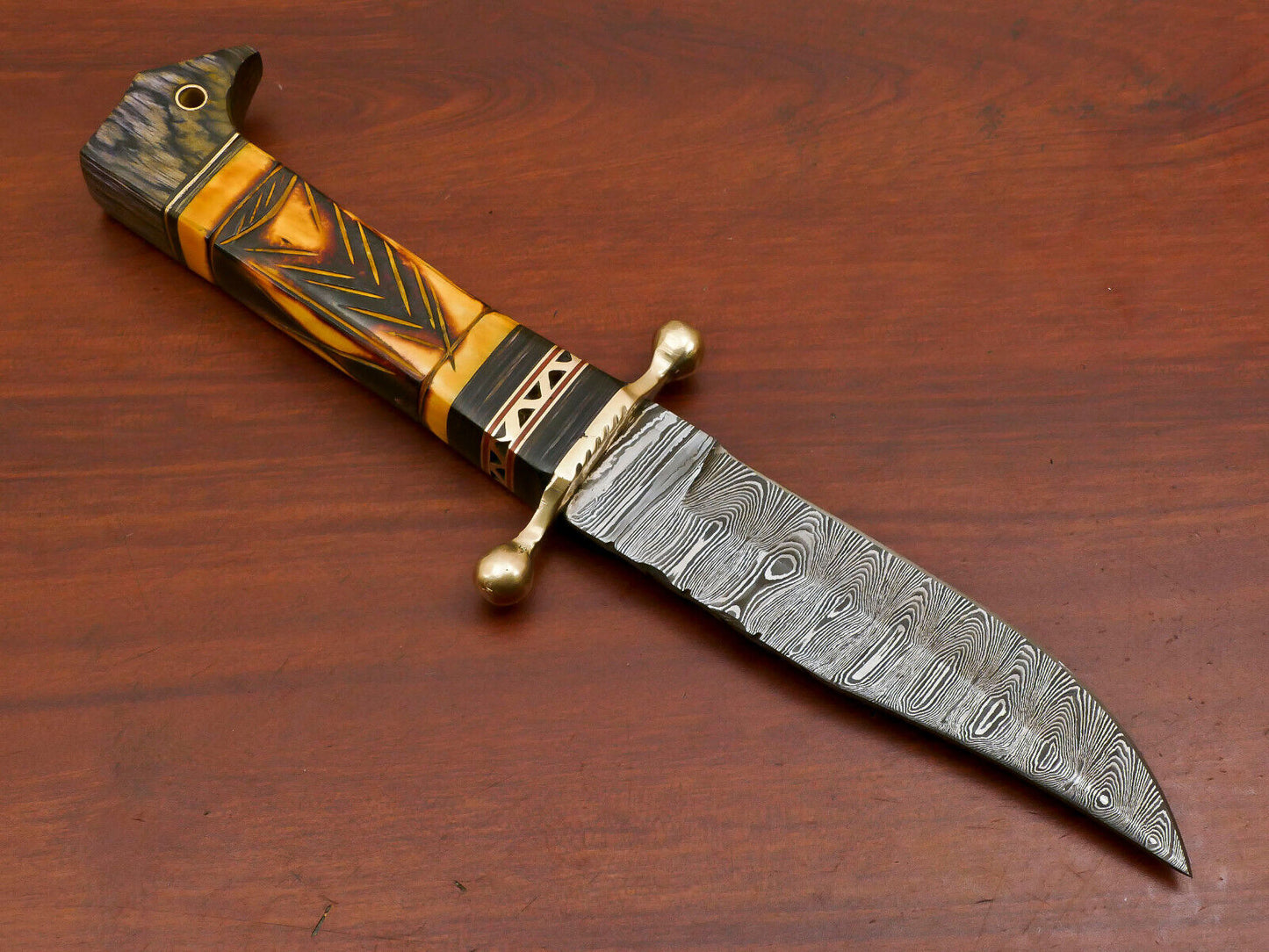 10.5 Inch Damascus Hunting Knife with Camel Bone and Pakka Wood Handle