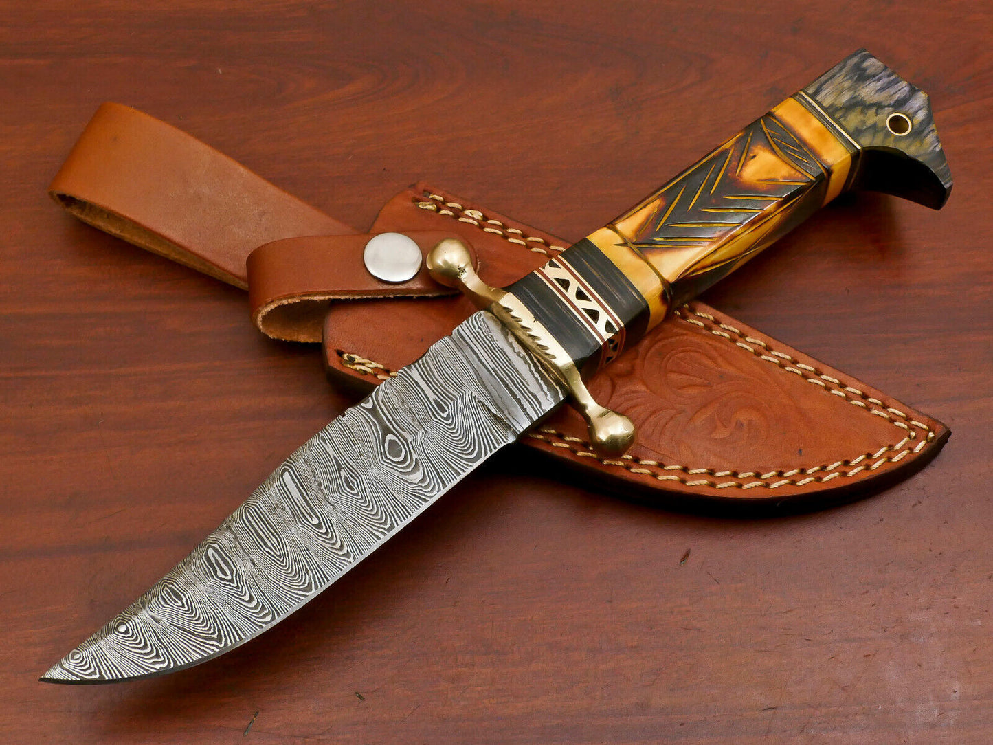 10.5 Inch Damascus Hunting Knife with Camel Bone and Pakka Wood Handle