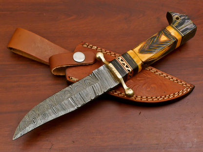 10.5 Inch Damascus Hunting Knife with Camel Bone and Pakka Wood Handle