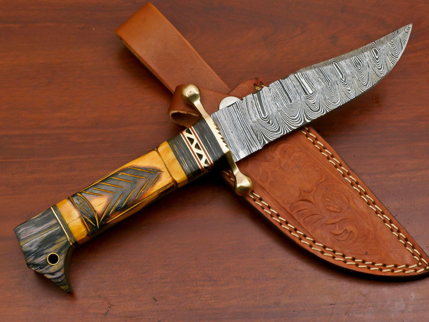 10.5 Inch Damascus Hunting Knife with Camel Bone and Pakka Wood Handle