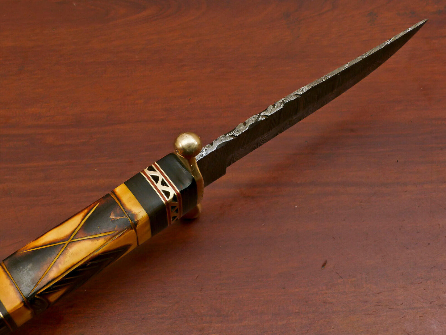 10.5 Inch Damascus Hunting Knife with Camel Bone and Pakka Wood Handle