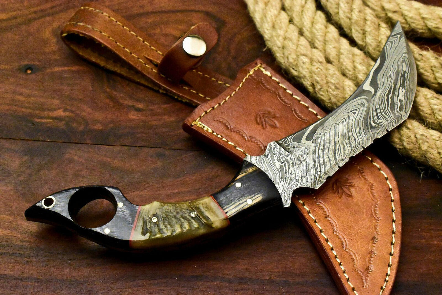 11" Best Damascus Karambit Handmade Karambit Damascus Steel Knife With Ram’s Horn Handle