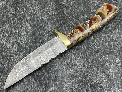 10" Handmade Damascus Bowie Hunting Knife – Resin Handle & Leather Sheath