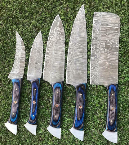Custom Handmade Twist Damascus Steel Chef Knife Set – Walnut Wood Handle, 9"-13" Blade