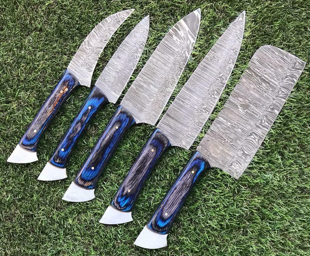 Custom Handmade Twist Damascus Steel Chef Knife Set – Walnut Wood Handle, 9"-13" Blade
