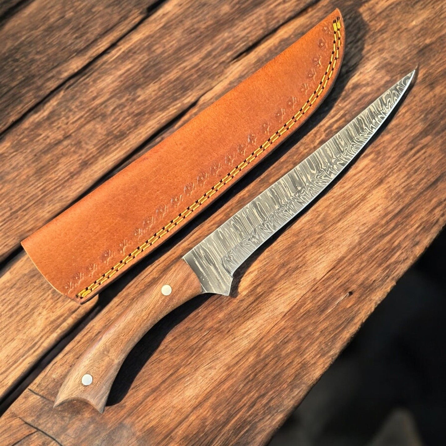 12" Custom Handmade Damascus Steel Fillet Knife with Wood Handle for Kitchen