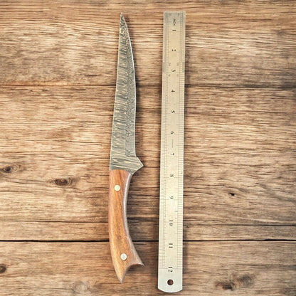 12" Custom Handmade Damascus Steel Fillet Knife with Wood Handle for Kitchen