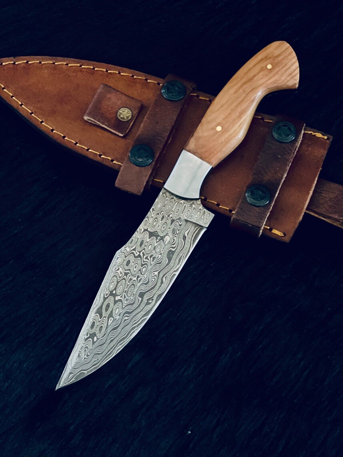 10" Custom Handmade RainDrop Damascus Bowie Hunting Knife – Wood Handle