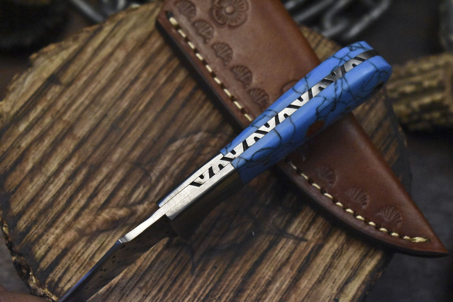 7" 440C Steel Skinner Knife with Corian Handle & Steel Bolster Leather Sheath