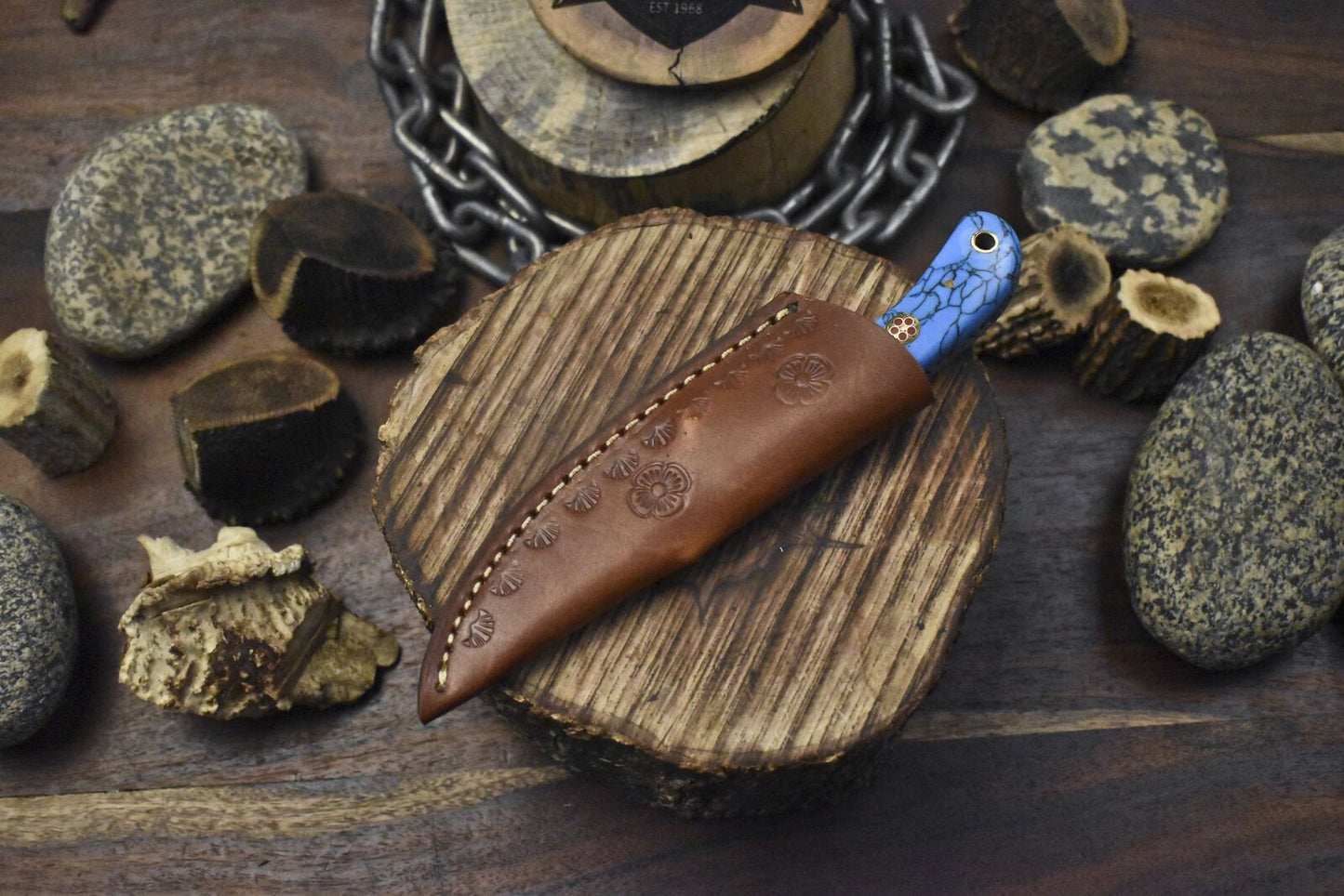 7" 440C Steel Skinner Knife with Corian Handle & Steel Bolster Leather Sheath