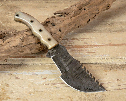 10" Handmade Damascus Tracker Hunter Survival Bushcraft Knife | Bone Handle & Leather Sheath