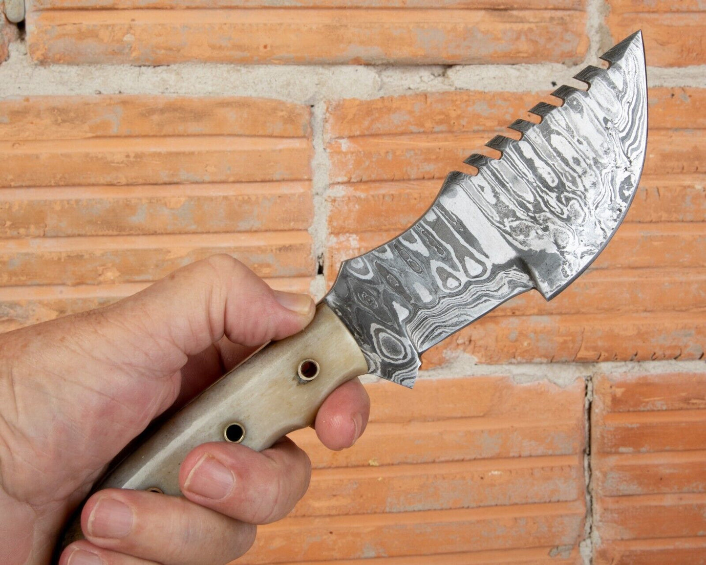 10" Handmade Damascus Tracker Hunter Survival Bushcraft Knife | Bone Handle & Leather Sheath