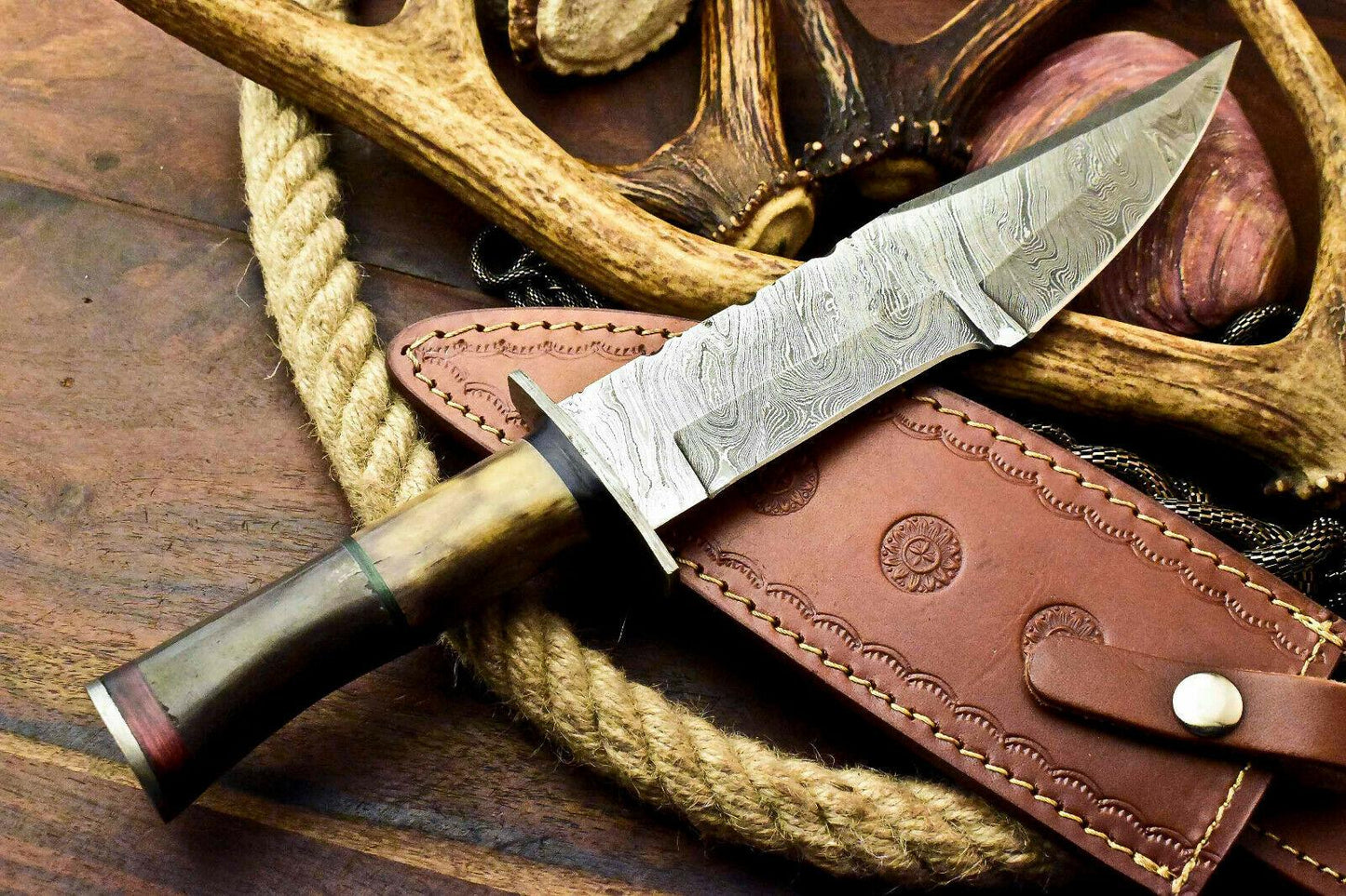 13" Custom Handmade Damascus Bowie Hunting Knife – Camel Bone Handle
