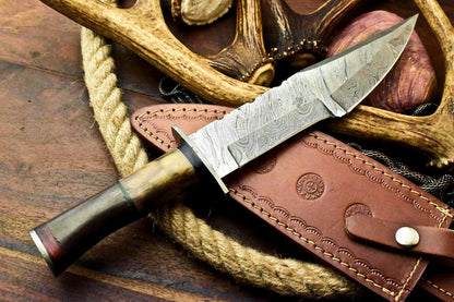 13" Custom Handmade Damascus Bowie Hunting Knife – Camel Bone Handle