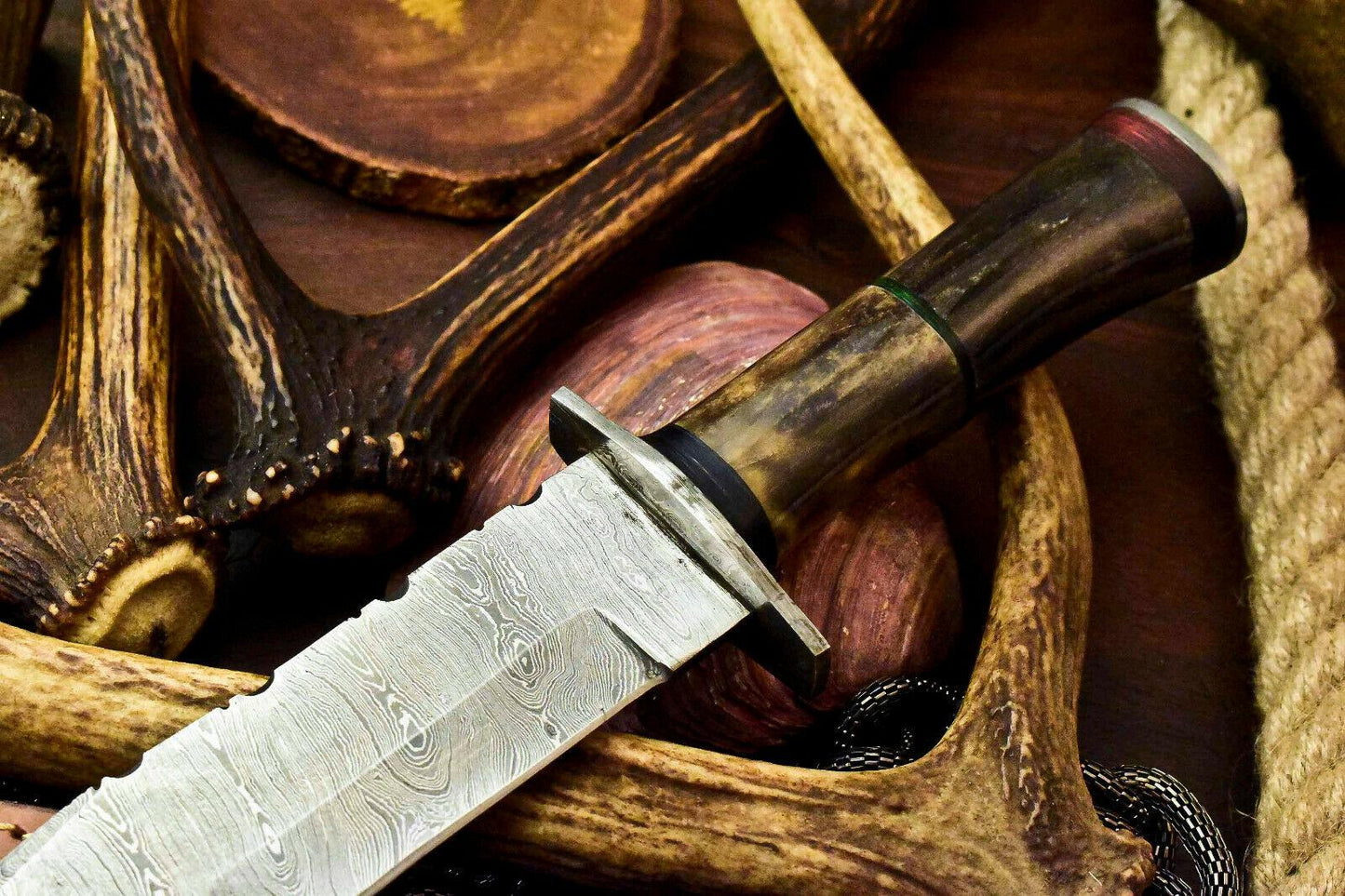 13" Custom Handmade Damascus Bowie Hunting Knife – Camel Bone Handle