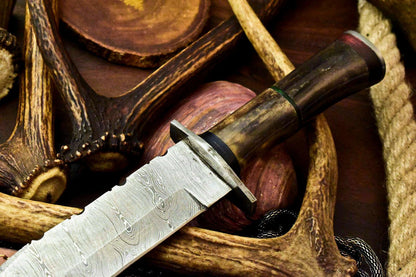 13" Custom Handmade Damascus Bowie Hunting Knife – Camel Bone Handle