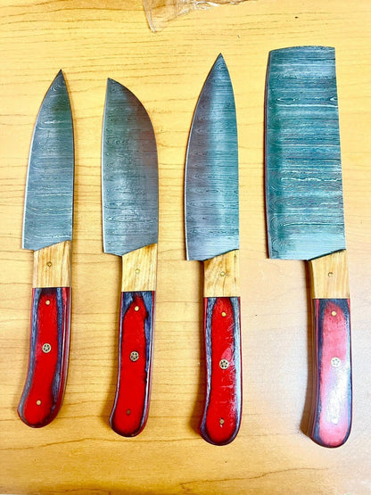 Handmade Damascus Steel 4-Piece Chef Knife Set – Twist Pattern Blades with Wood Handle & Leather Sheath