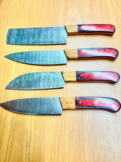 Handmade Damascus Steel 4-Piece Chef Knife Set – Twist Pattern Blades with Wood Handle & Leather Sheath