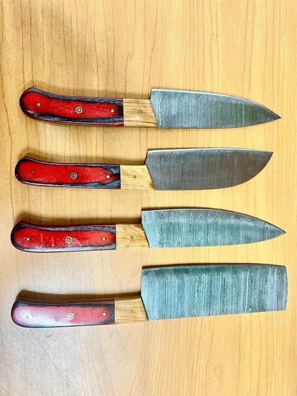 Handmade Damascus Steel 4-Piece Chef Knife Set – Twist Pattern Blades with Wood Handle & Leather Sheath