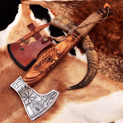 Handmade Viking Axe with Hand-Forged Carbon Steel Blade and Wood Handle with Etching
