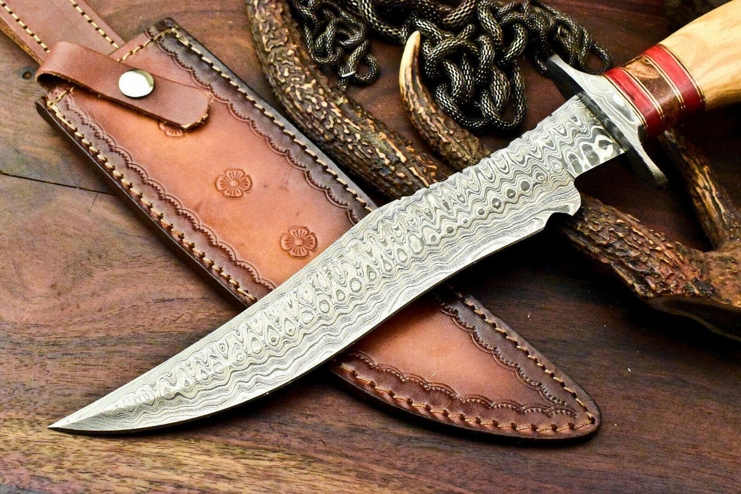 Rare Handmade Damascus Steel Bowie Knife – 15" Hunting Blade with Olive Wood Handle