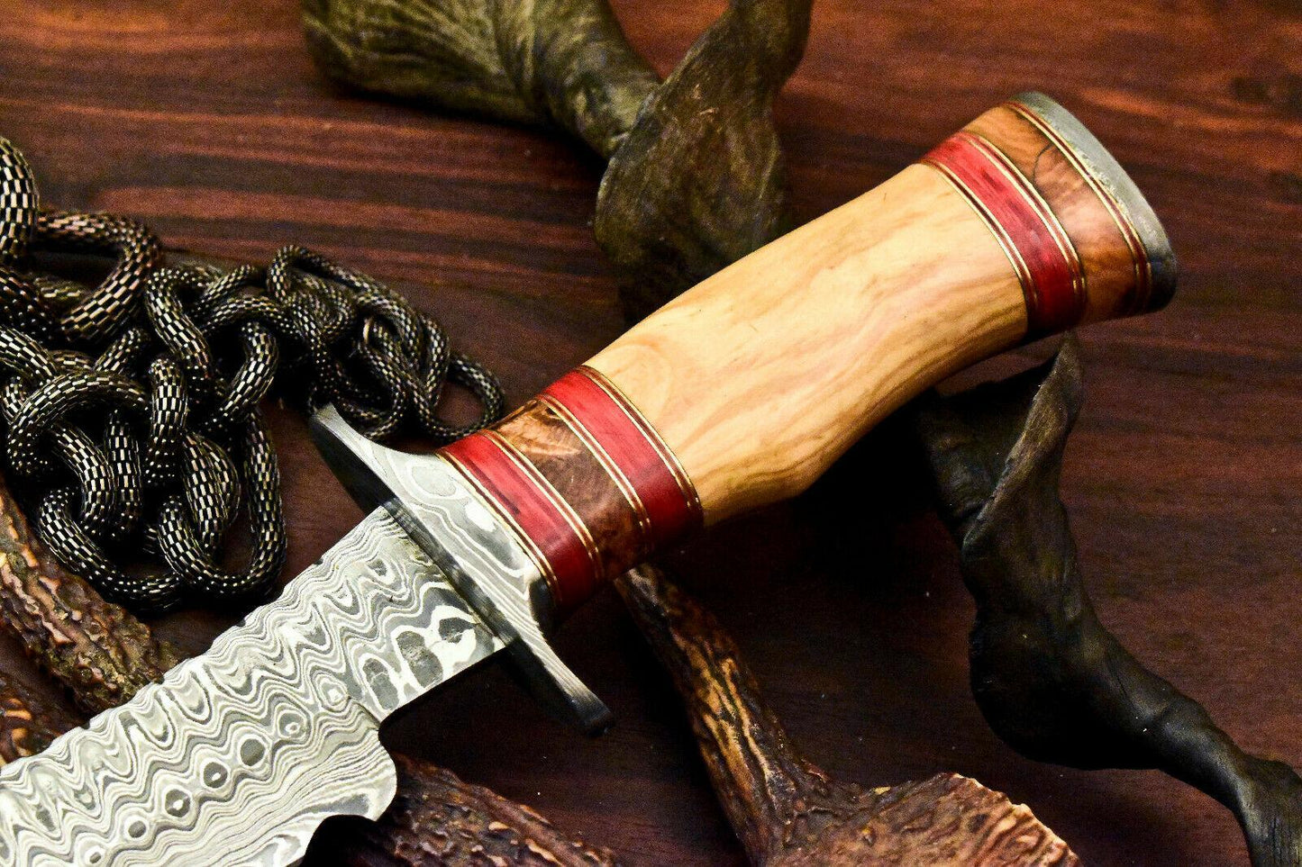 Rare Handmade Damascus Steel Bowie Knife – 15" Hunting Blade with Olive Wood Handle