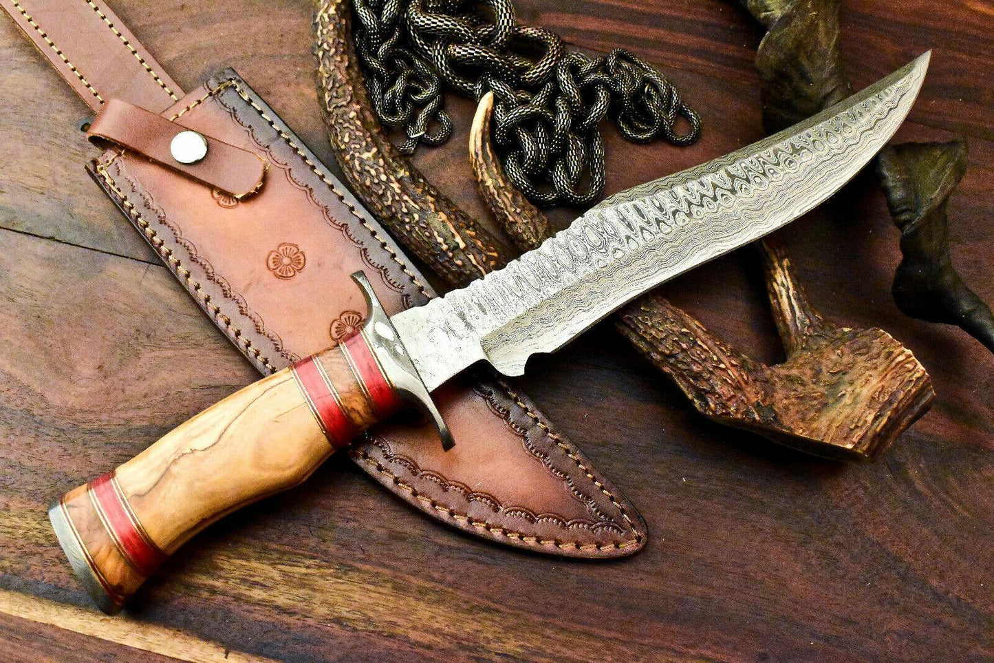 Rare Handmade Damascus Steel Bowie Knife – 15" Hunting Blade with Olive Wood Handle