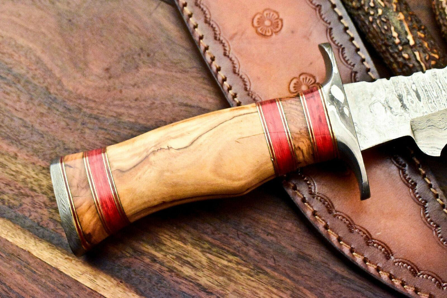 Rare Handmade Damascus Steel Bowie Knife – 15" Hunting Blade with Olive Wood Handle