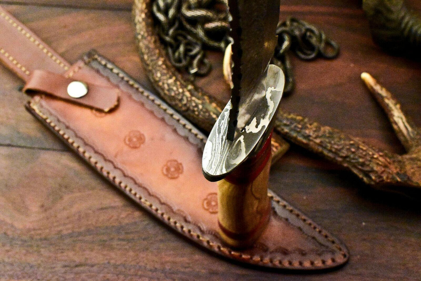 Rare Handmade Damascus Steel Bowie Knife – 15" Hunting Blade with Olive Wood Handle