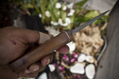 Ladder Damascus Skinner Knife with Walnut Wood Handle and Hand Forged Decoration
