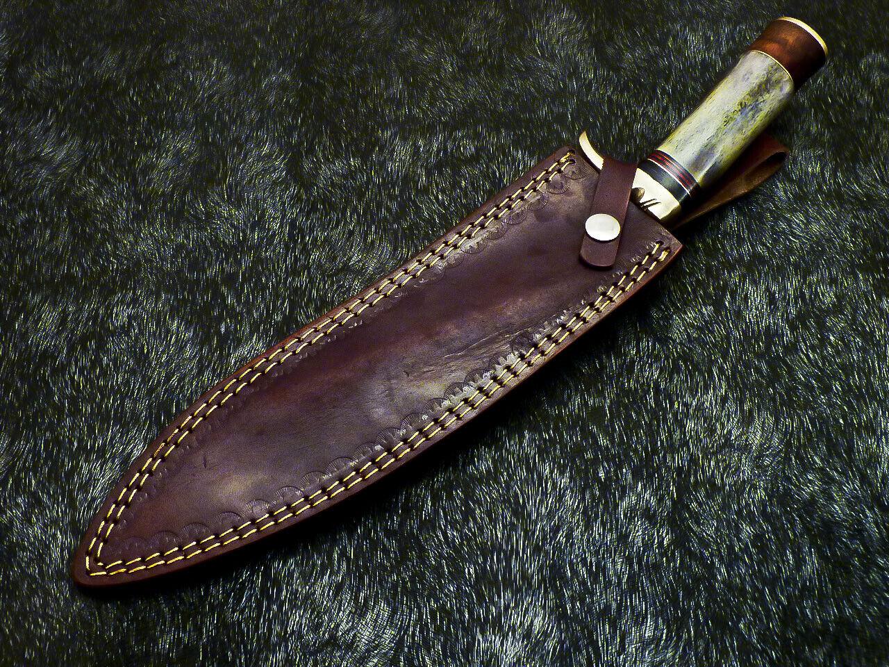 Hand Forged Damascus Bowie Hunting Knife – Stained Bone Handle