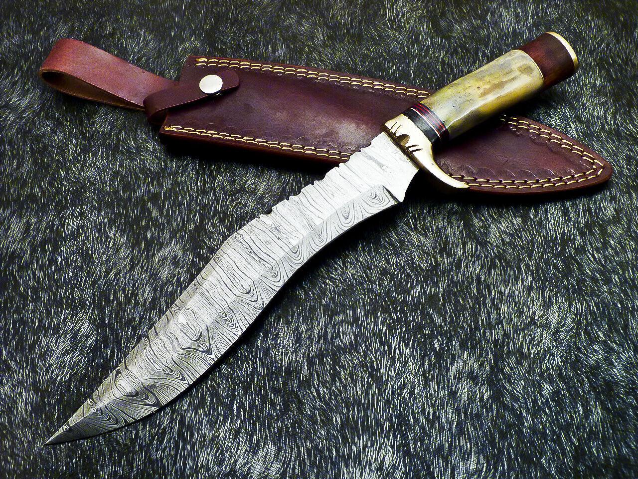 Hand Forged Damascus Bowie Hunting Knife – Stained Bone Handle