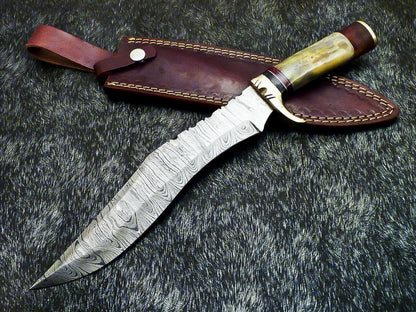 Hand Forged Damascus Bowie Hunting Knife – Stained Bone Handle
