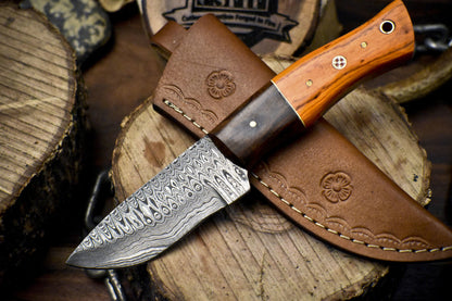 Forged Ladder Damascus Skinner Knife 8" Hardwood Handle Outdoor Hunting Blade