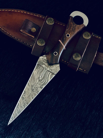 9.5" Fire Damascus Dagger Bowie Knife – with Wood Handle