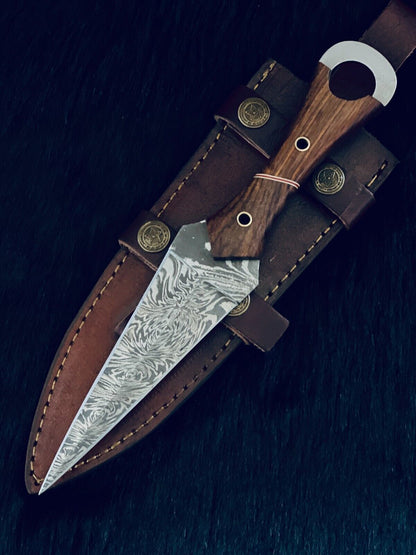 9.5" Fire Damascus Dagger Bowie Knife – with Wood Handle