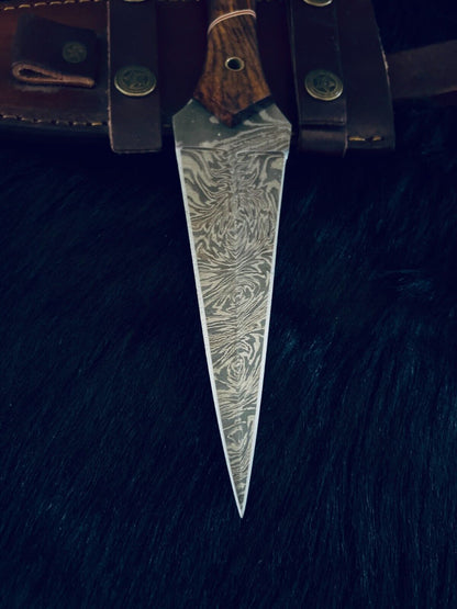 9.5" Fire Damascus Dagger Bowie Knife – with Wood Handle