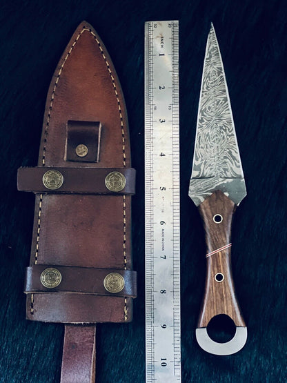 9.5" Fire Damascus Dagger Bowie Knife – with Wood Handle