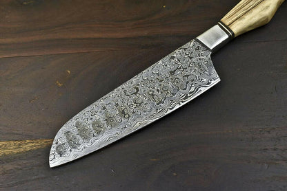Hand-Forged Damascus Steel Tanto Hunter & Chef Knife with Olive Wood Handle, Full Tang, Razor-Sharp Edge