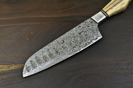 Hand-Forged Damascus Steel Tanto Hunter & Chef Knife with Olive Wood Handle, Full Tang, Razor-Sharp Edge