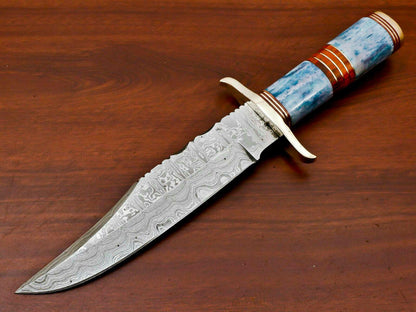 Nomads Edge 12” Damascus Bowie Knife | Stained Camel Bone & Pakka Wood Handle with Brass Guard