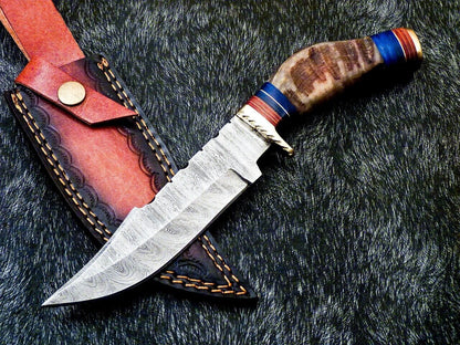 Heritage Forge 10 Inch Damascus Bowie Knife with Ram Horn and Hardwood Handle
