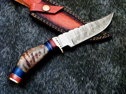 Heritage Forge 10 Inch Damascus Bowie Knife with Ram Horn and Hardwood Handle