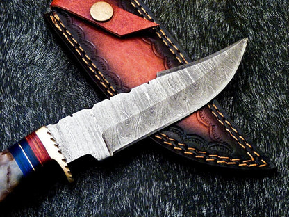 Heritage Forge 10 Inch Damascus Bowie Knife with Ram Horn and Hardwood Handle