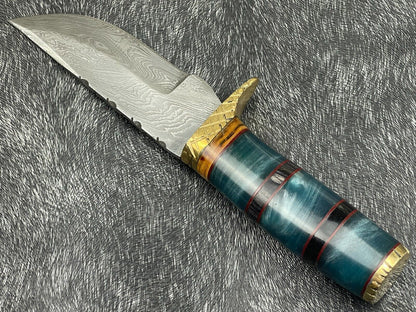 8" Resin Handle Damascus Steel Bowie Knife – Hand-Forged Hunting & Camping Knife