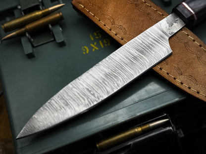 Handmade Damascus Steel Kitchen Chef Cutting Knife – Wood Handle & Leather Sheath
